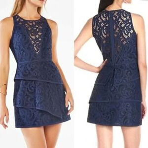 BCBGMAXAZRIA Hanah Navy Blue Lace Tiered Sleeveless Formal Cocktail Mini Dress